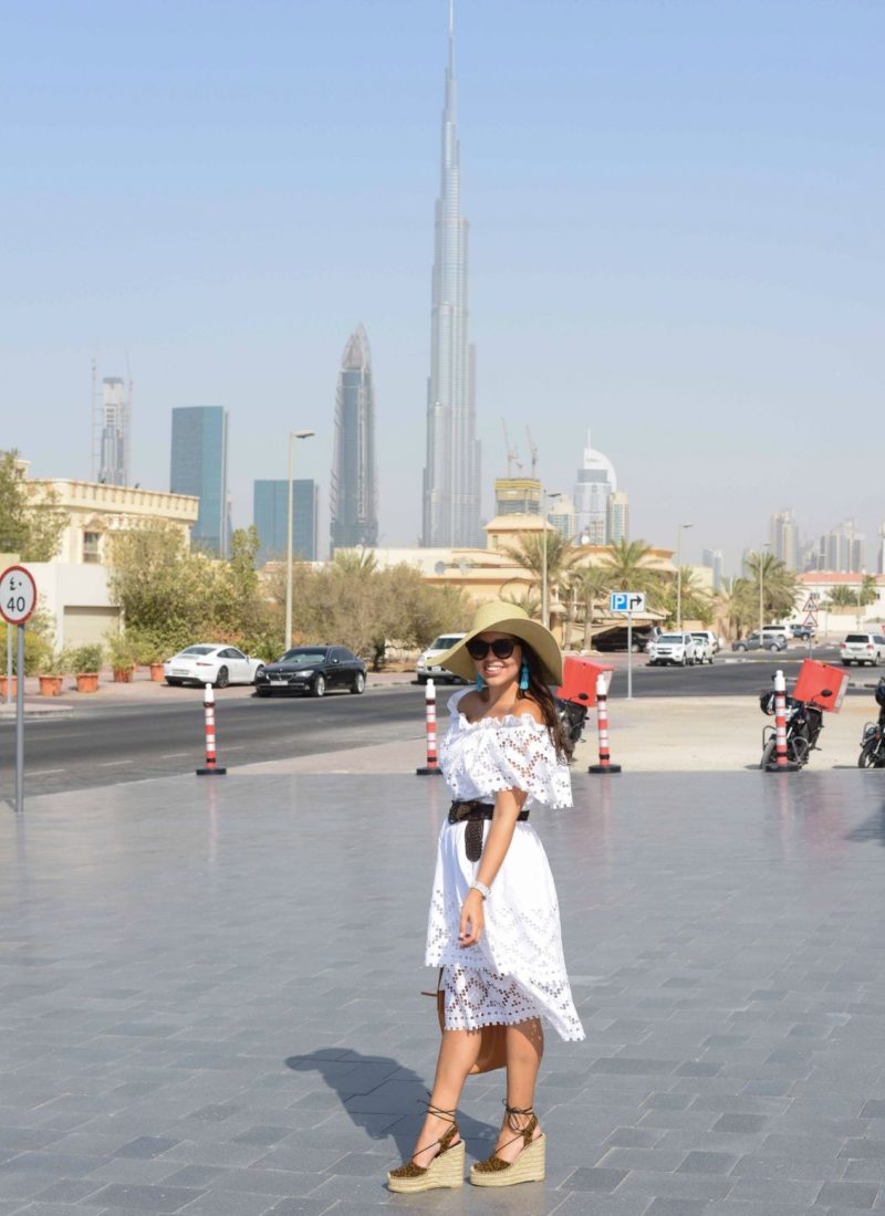Vintage Eyelet Dress in front of the Burj al Khalifa, Dubai
