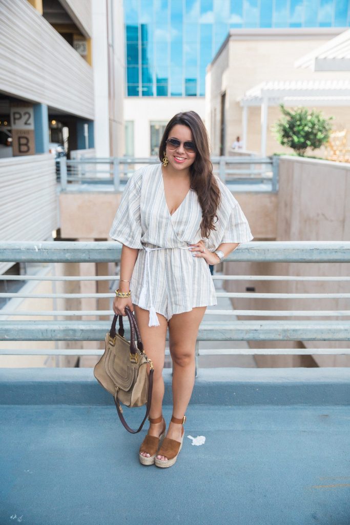 striped romper and suede wedges