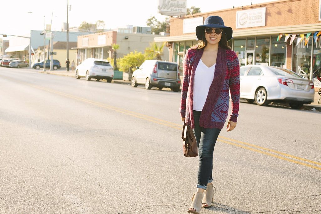 Printed cardigan with denim and suede booties