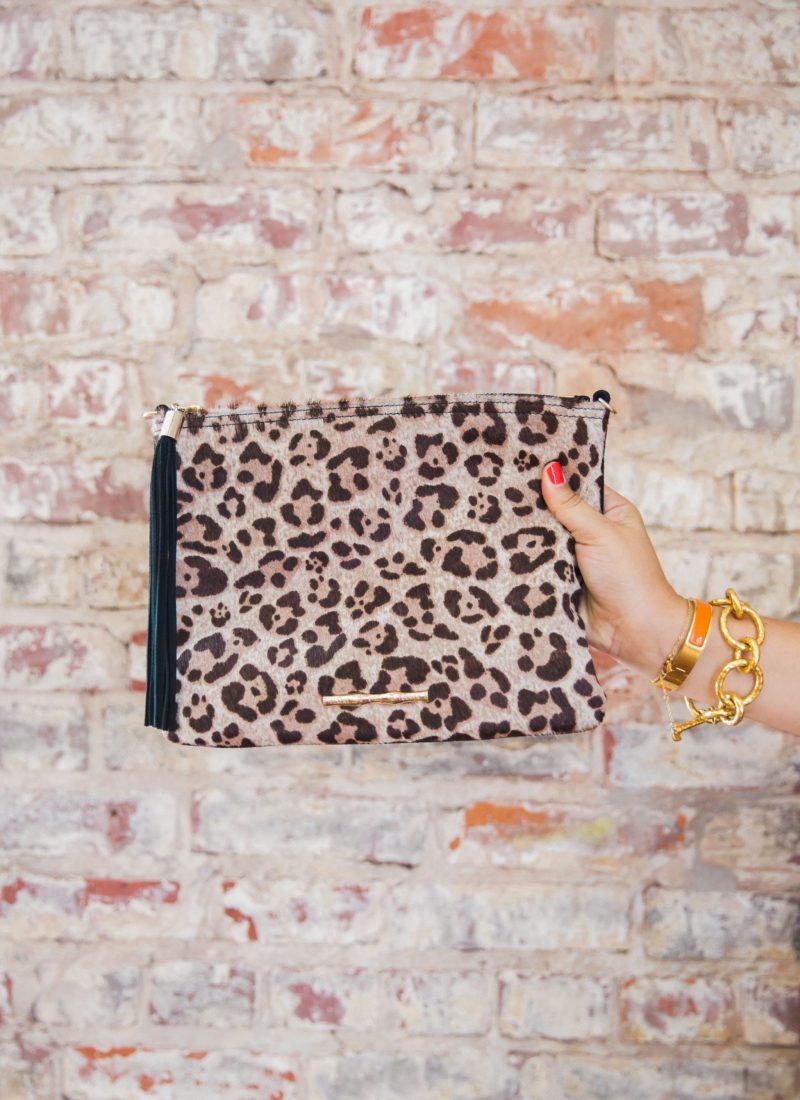 The Elaine Turner Brindle clutch in jaguar haircalf. A must-have for every season!