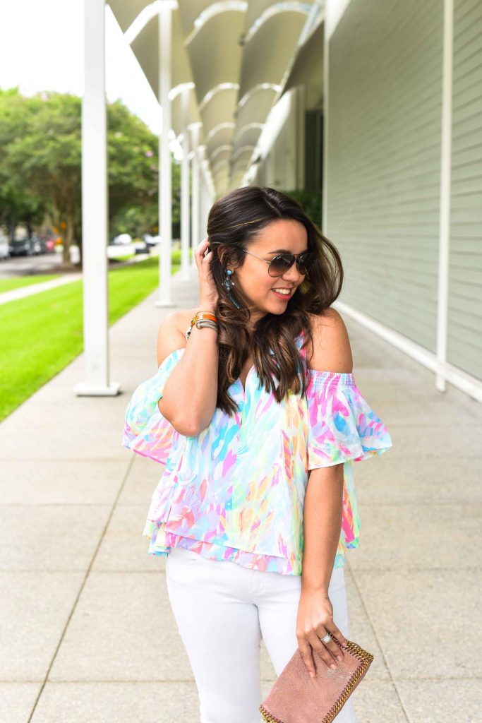 Lilly Pulitzer Sparkling Sands cold shoulder top | Summer outfit ideas