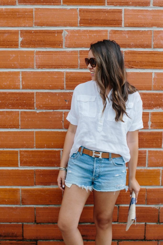 brunette balayage hair color, denim cut off shorts