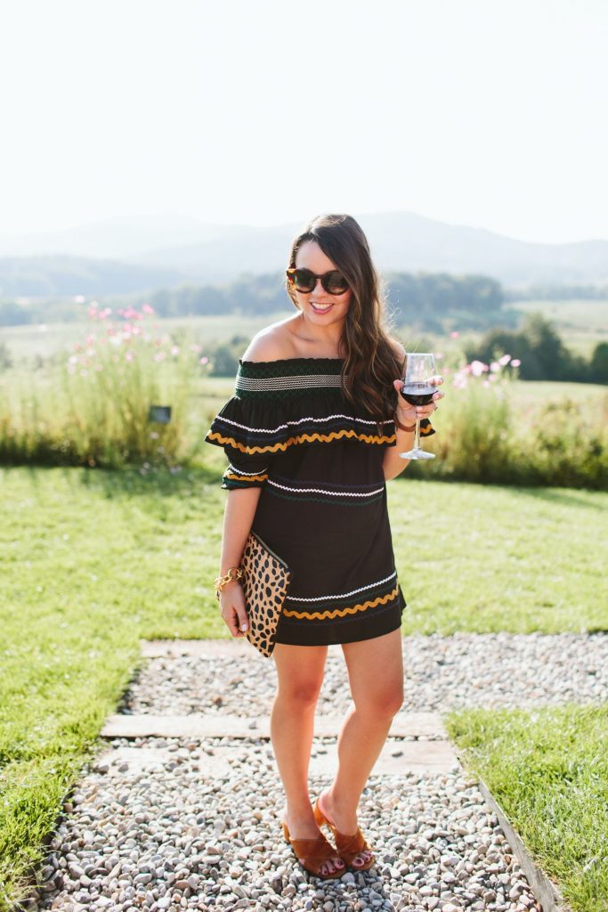 What to wear to a winery, wine tasting chic, off the shoulder dress trend