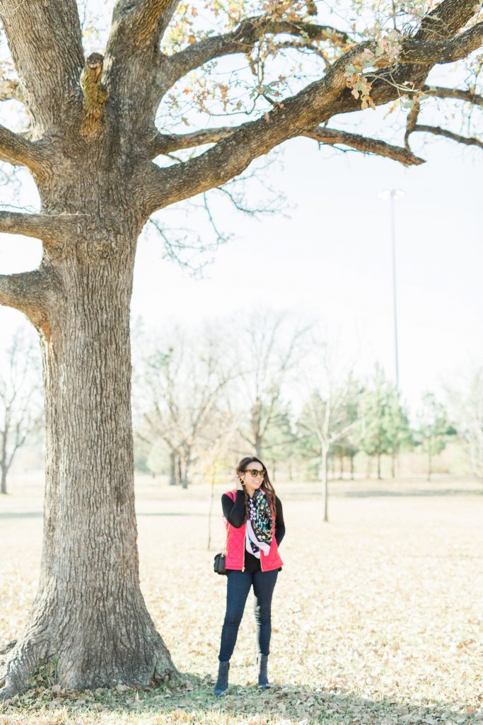 silk scarf, red quilted vest, Texas winter outfit
