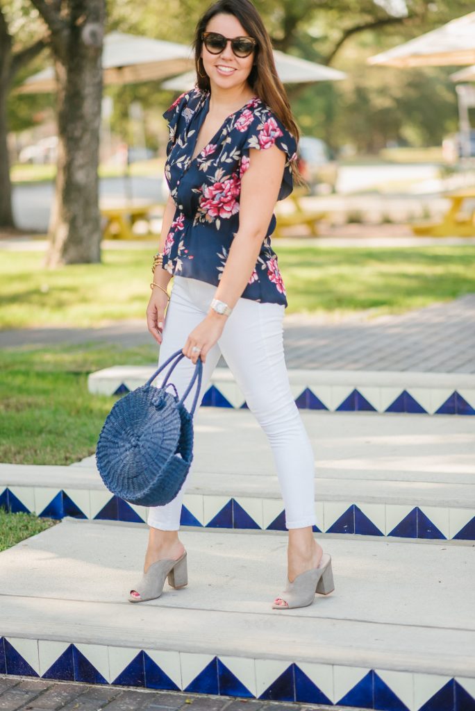 Round straw handbag, navy circle bag 