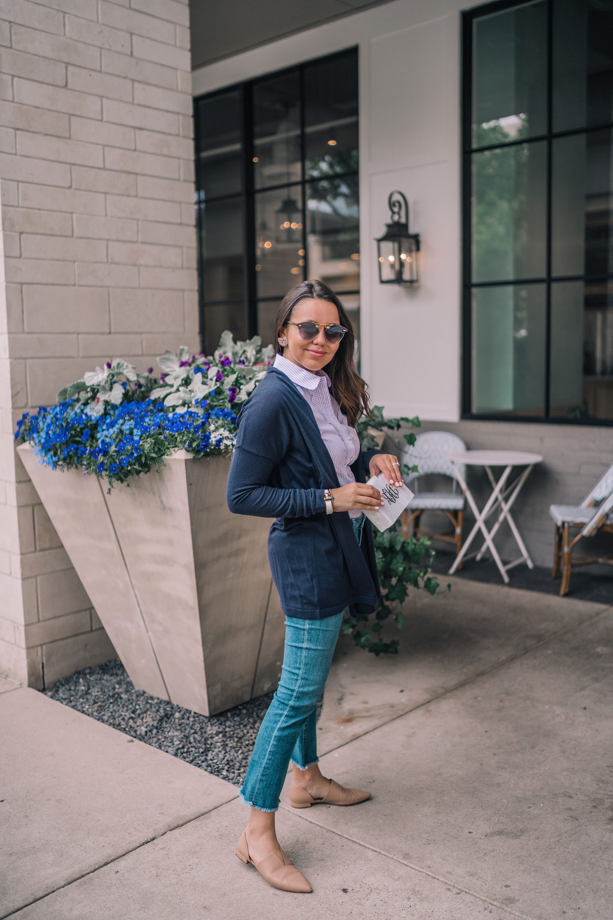 Navy long cardigan and Vince Flats