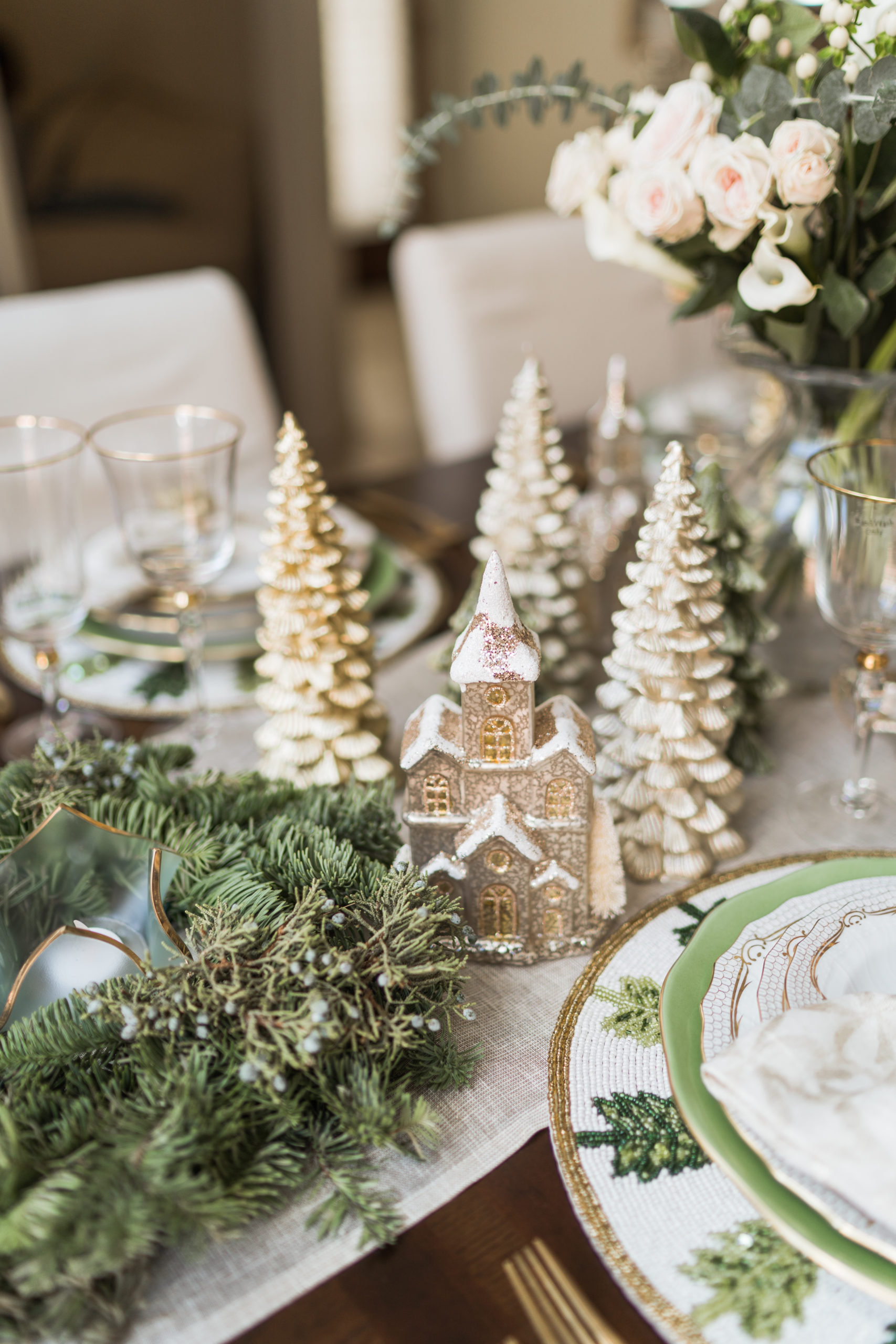 elegant green and gold Christmas tablescape