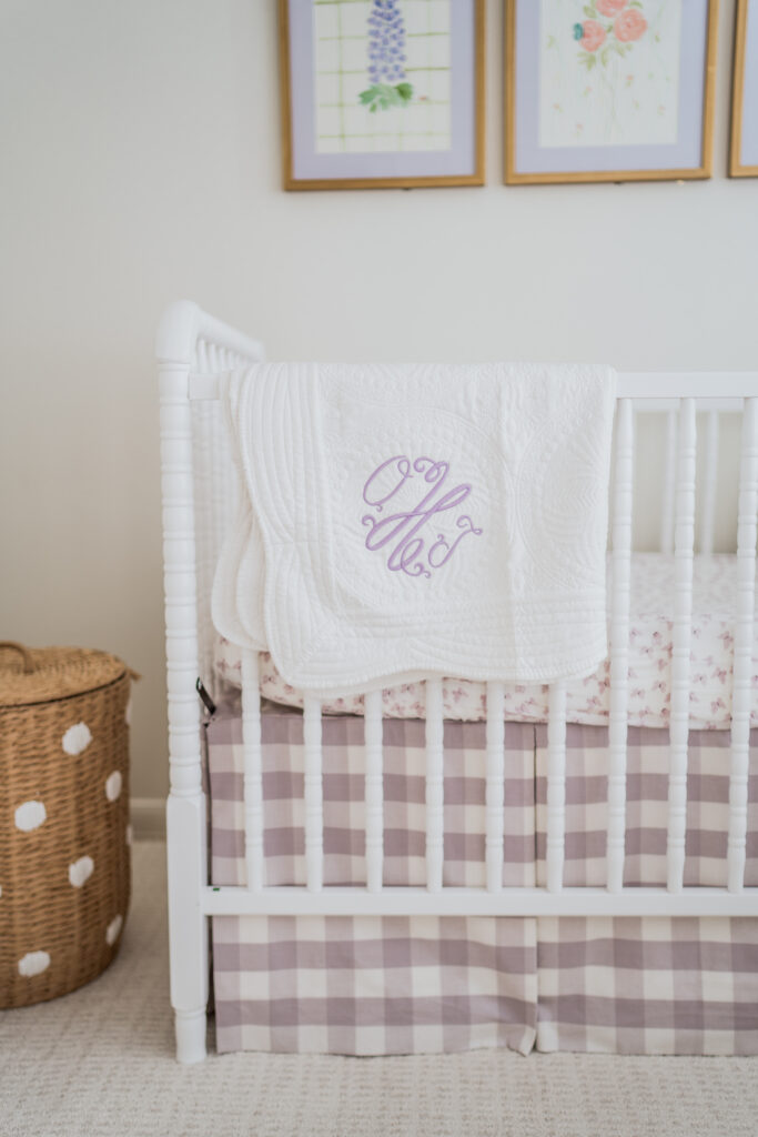 Schumacher lavender gingham fabric for crib bedskirt and monogrammed baby blanket | Adored by Alex