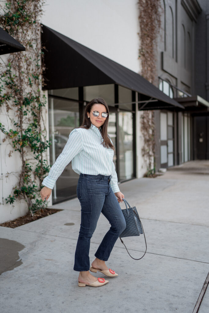 AYR Deep End stripe shirt paired with Mother cropped denim and Moreau Paris purse | Adored by Alex
