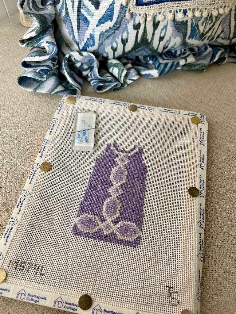 Decorative stitches and beading for a needlepoint canvas by Two Sisters needlepoint, Bradley Needlepoint Co. lavender shift dress needlepoint canvas that's great for beginner stitchers | Adored by Alex